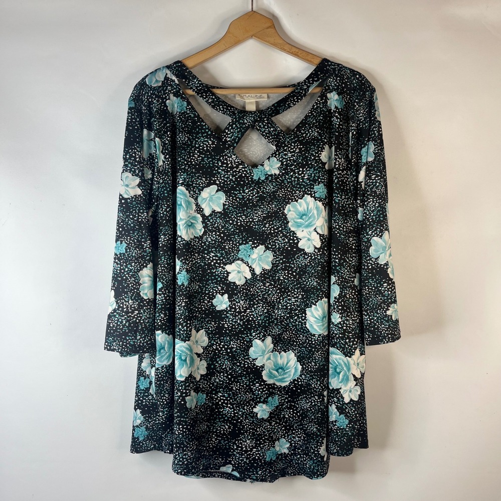 Emaline Woman Tunic Top Womens 3X Black Blue Floral Lattice Neck 3/4 Sleeve